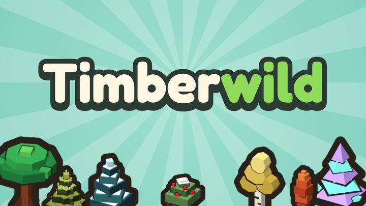 Key art: the Timberwild logo over a teal sunburst, with a row of blocky biome trees