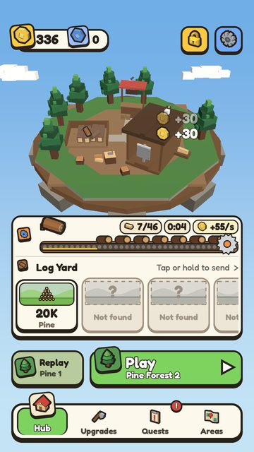 The Hub early on: logs ride the sawmill Line and pop out as coins