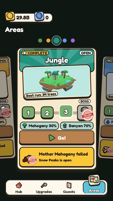 The Areas screen: the Jungle card with its three areas and its felled boss